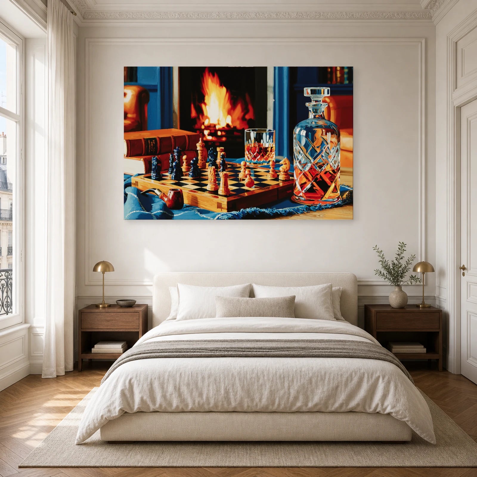 Tableau Nature Morte Echiquier Pipe Livre Bibliotheque dans une chambre - Art Virtuoso