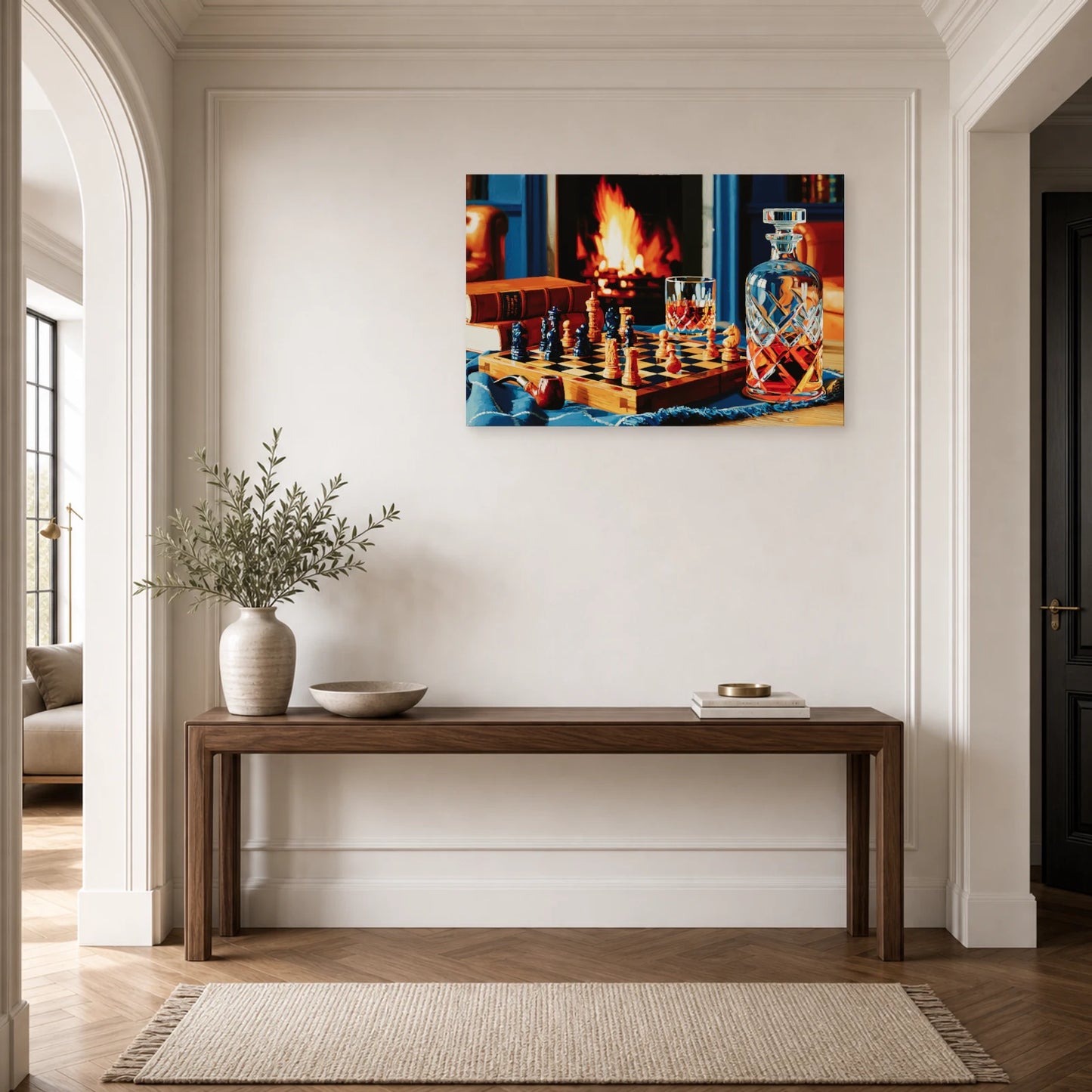 Tableau Nature Morte Echiquier Pipe Livre Bibliotheque dans une entree ou un couloir - Art Virtuoso
