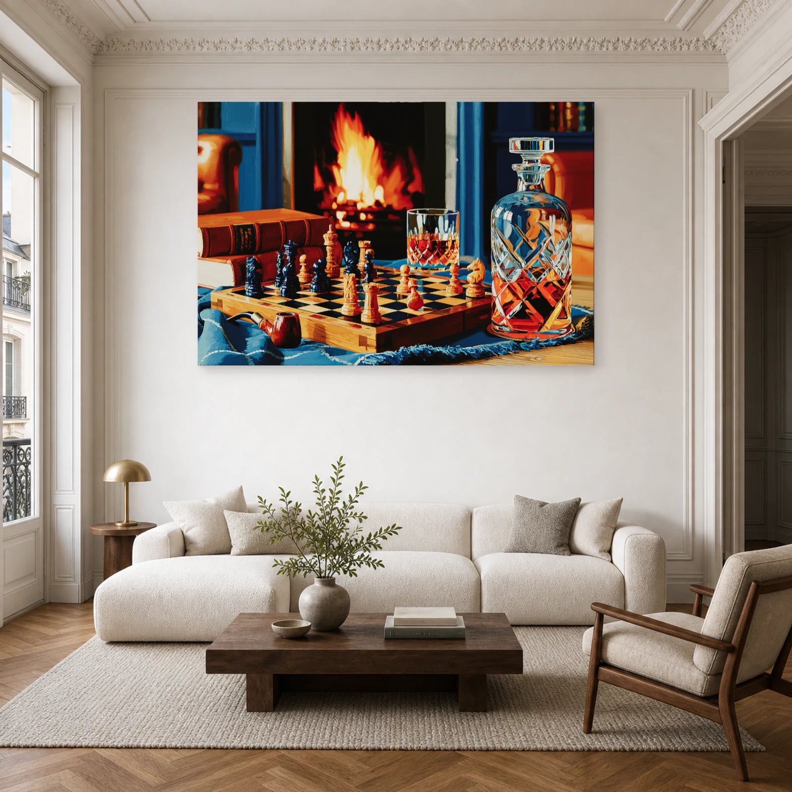 Tableau Nature Morte Echiquier Pipe Livre Bibliotheque dans un salon - Art Virtuoso