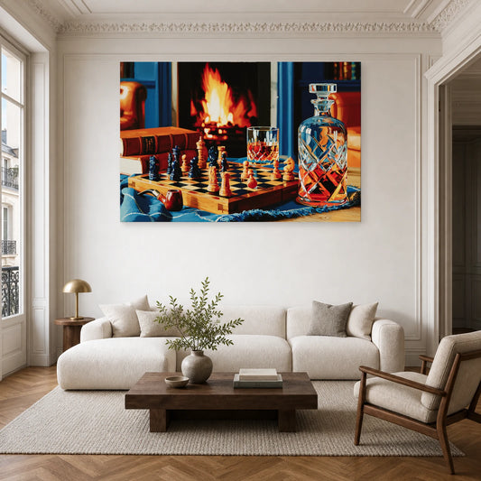 Tableau Nature Morte Echiquier Pipe Livre Bibliotheque dans un salon - Art Virtuoso
