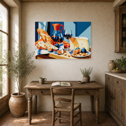 Tableau Nature Morte Fromages Pain Vin Rustic dans un bureau - Art Virtuoso