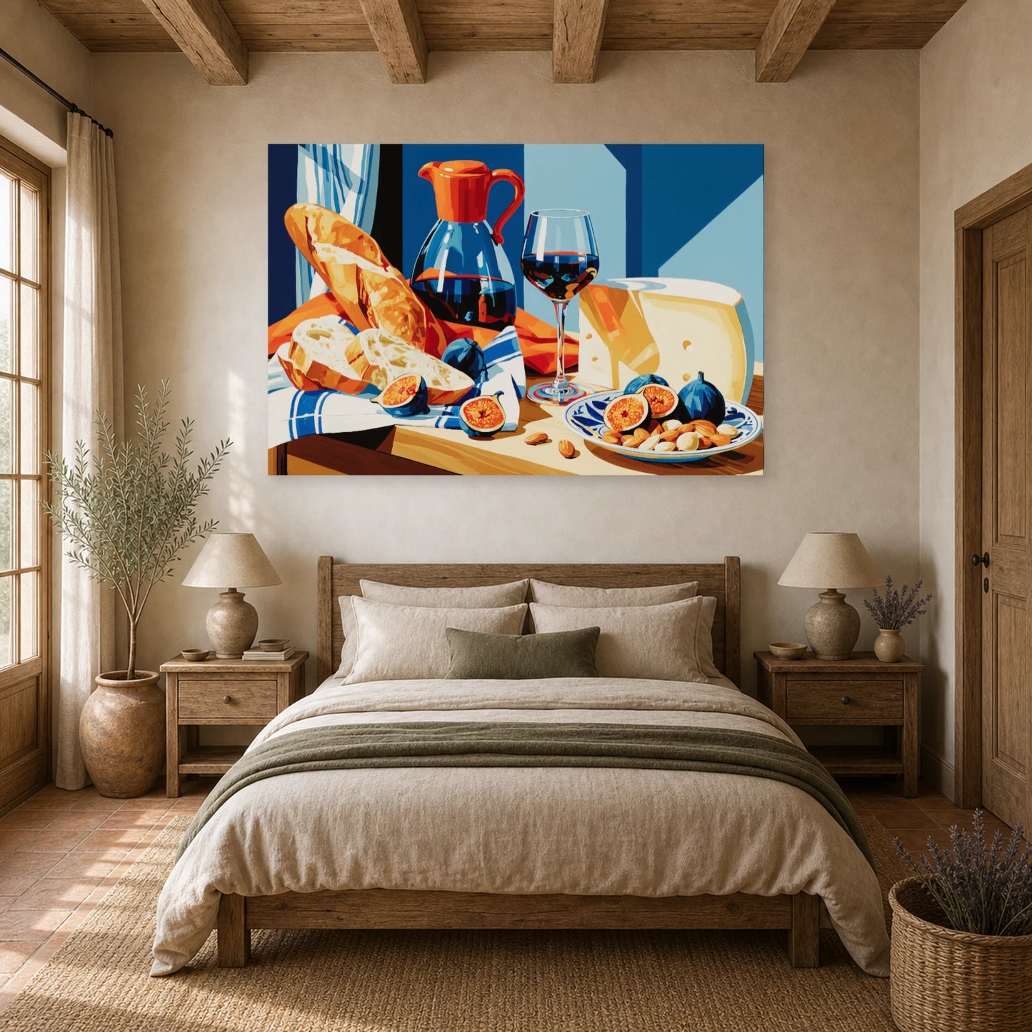 Tableau Nature Morte Fromages Pain Vin Rustic dans une chambre - Art Virtuoso