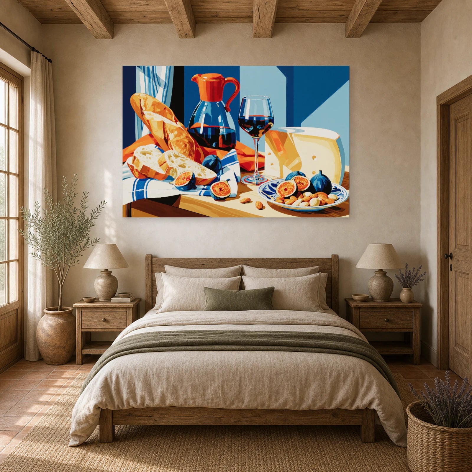 Tableau Nature Morte Fromages Pain Vin Rustic dans une chambre - Art Virtuoso