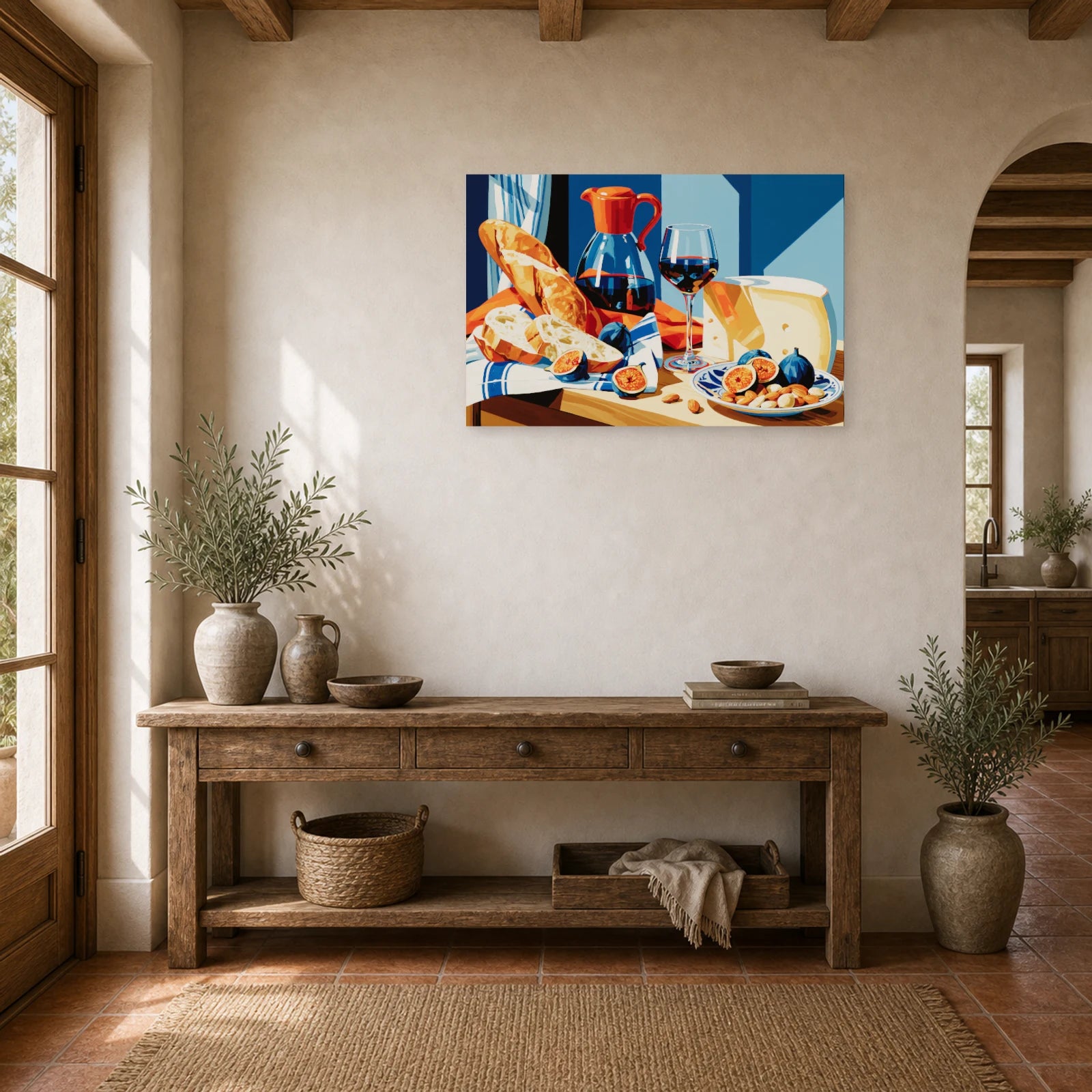 Tableau Nature Morte Fromages Pain Vin Rustic dans une entree ou un couloir - Art Virtuoso