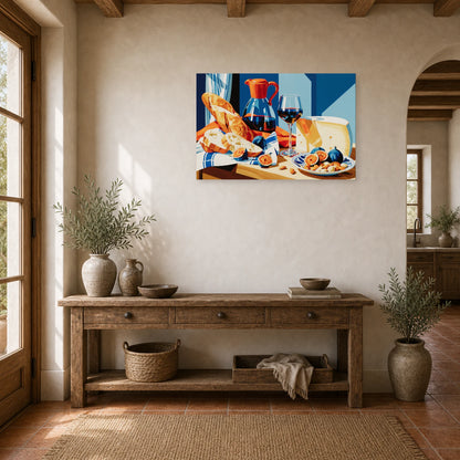 Tableau Nature Morte Fromages Pain Vin Rustic dans une entree ou un couloir - Art Virtuoso