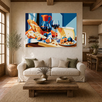 Tableau Nature Morte Fromages Pain Vin Rustic dans un salon - Art Virtuoso