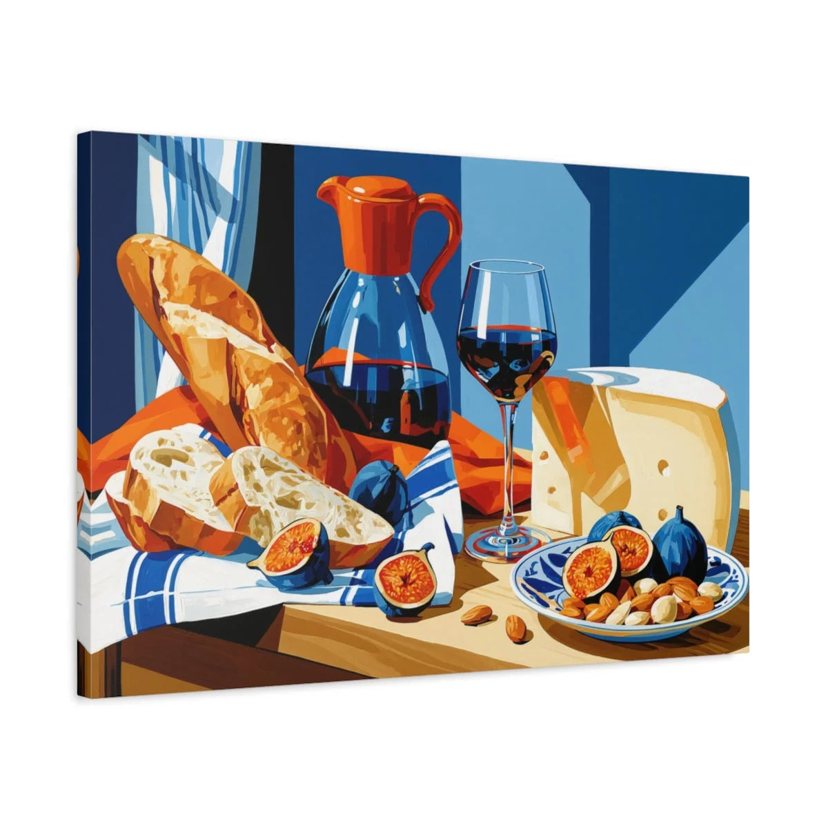 Tableau Nature Morte Fromages Pain Vin Rustique - Table de Terroir - ambiance chambre adulte