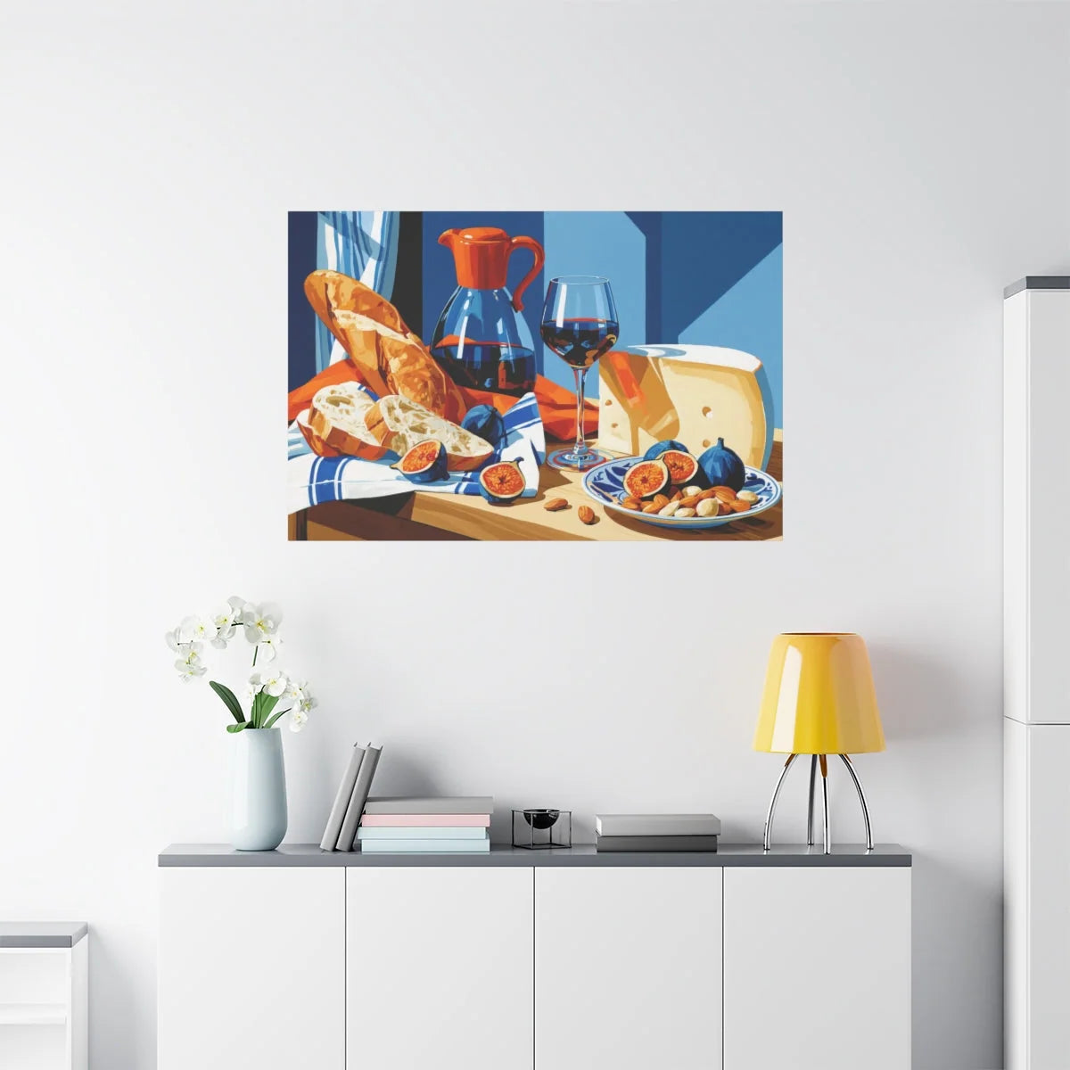 Tableau Nature Morte Fromages Pain Vin Rustique - Table de Terroir - vue mur grande hauteur
