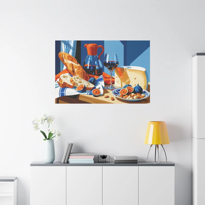 Tableau Nature Morte Fromages Pain Vin Rustique - Table de Terroir - vue mur grande hauteur