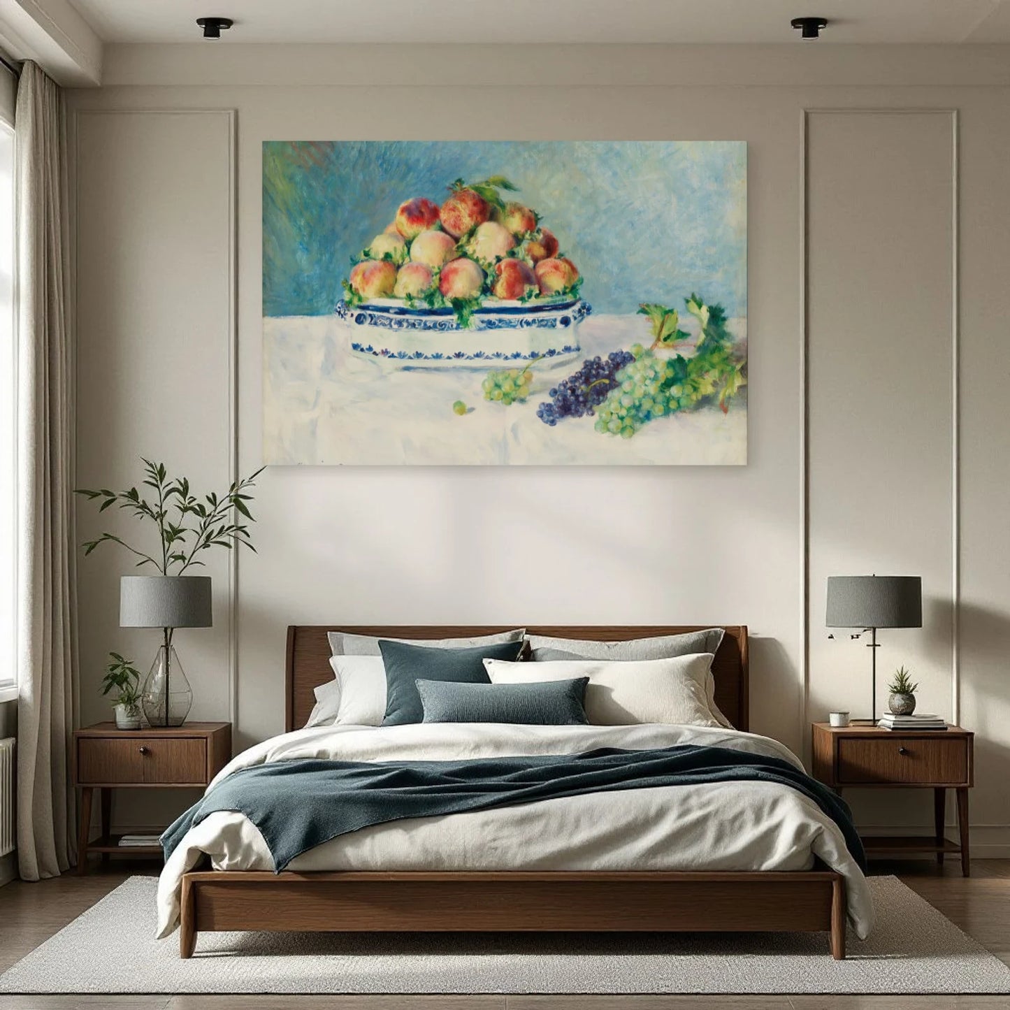 Tableau Nature morte aux pêches et raisins – Pierre-Auguste Renoir dans une chambre - Art Virtuoso