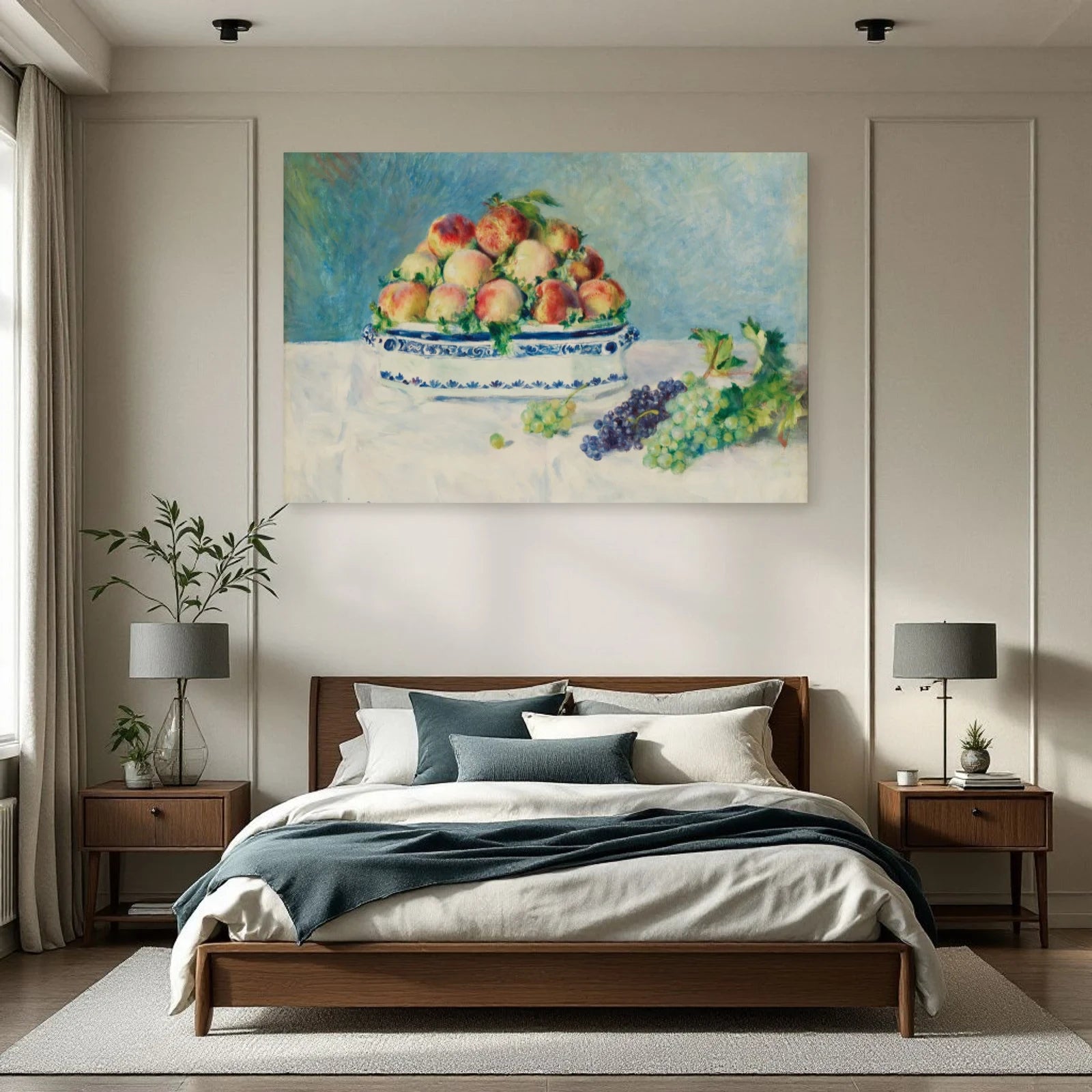 Tableau Nature morte aux pêches et raisins – Pierre-Auguste Renoir dans une chambre - Art Virtuoso