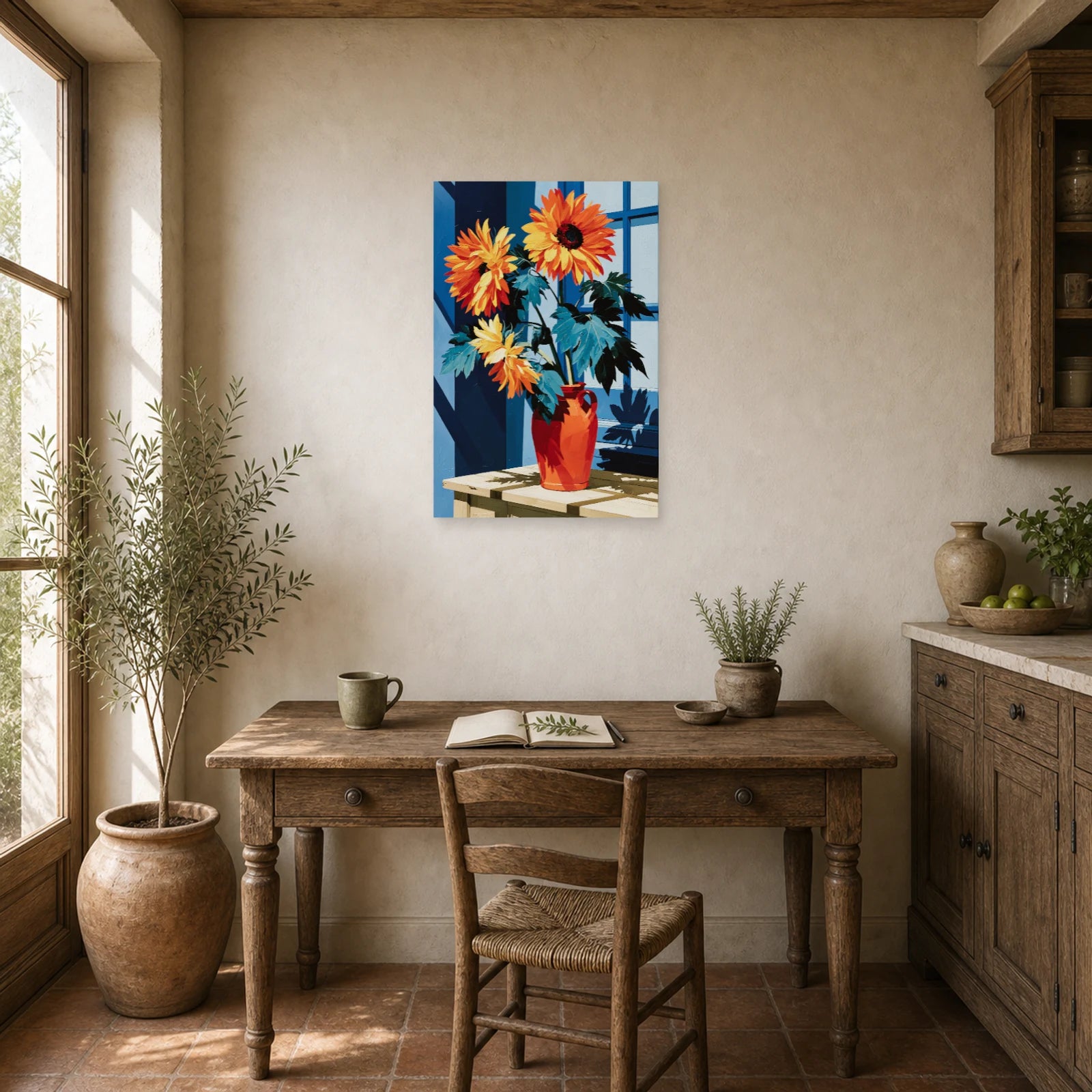 Tableau Nature Morte Tournesols Vase Jaune Or dans un bureau - Art Virtuoso