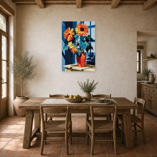 Tableau Nature Morte Tournesols Vase Jaune Or dans une cuisine - Art Virtuoso