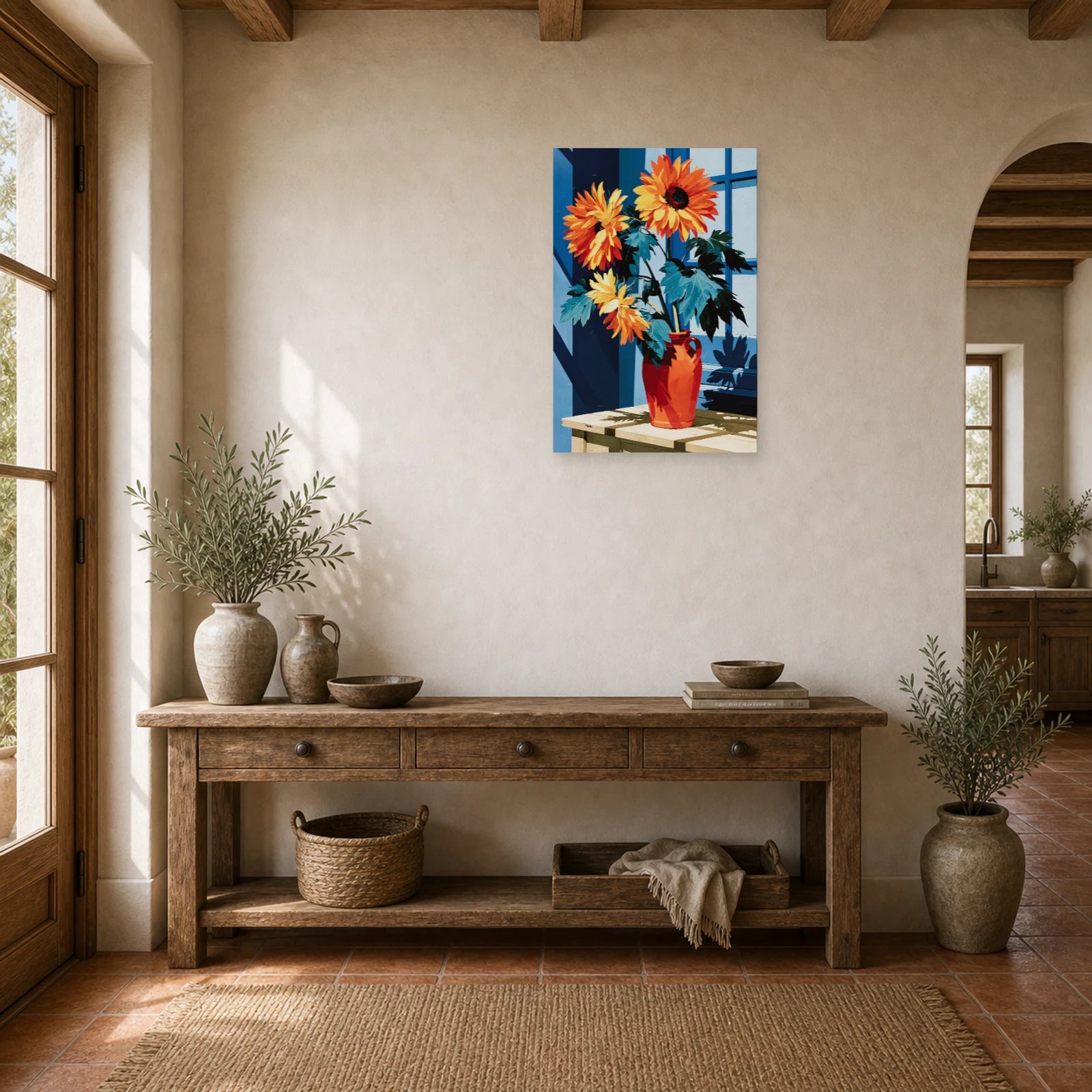 Tableau Nature Morte Tournesols Vase Jaune Or dans une entree ou un couloir - Art Virtuoso