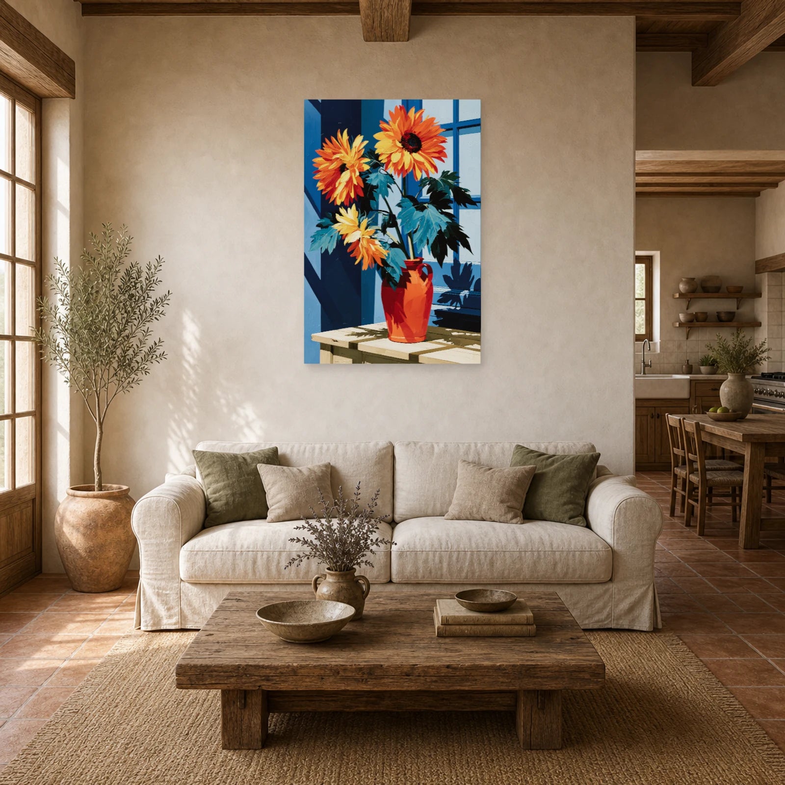 Tableau Nature Morte Tournesols Vase Jaune Or dans un salon - Art Virtuoso
