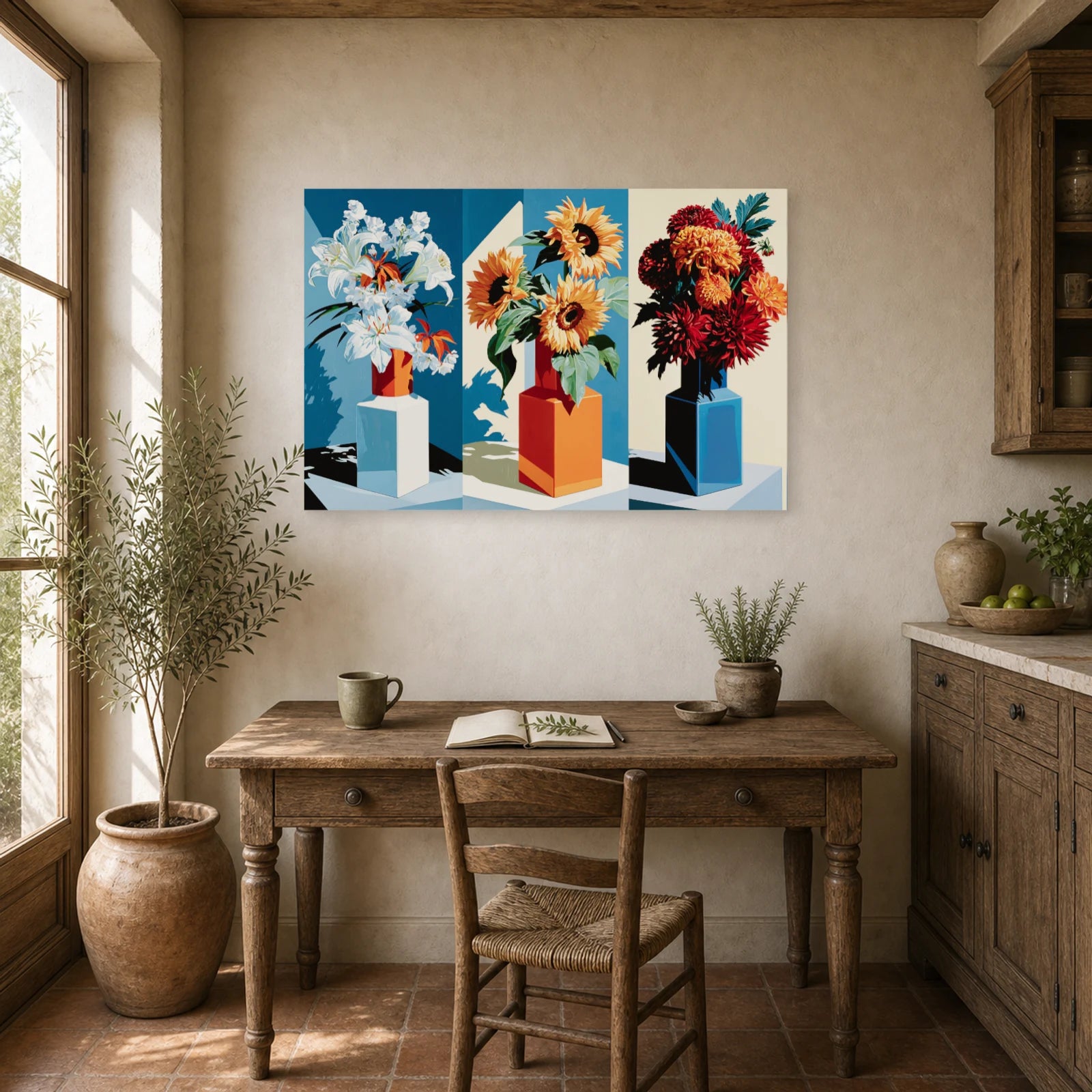 Tableau Nature Morte Triptyque Bouquet Saisons dans un bureau - Art Virtuoso
