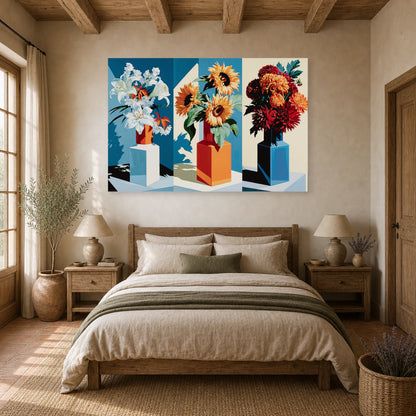 Tableau Nature Morte Triptyque Bouquet Saisons dans une chambre - Art Virtuoso