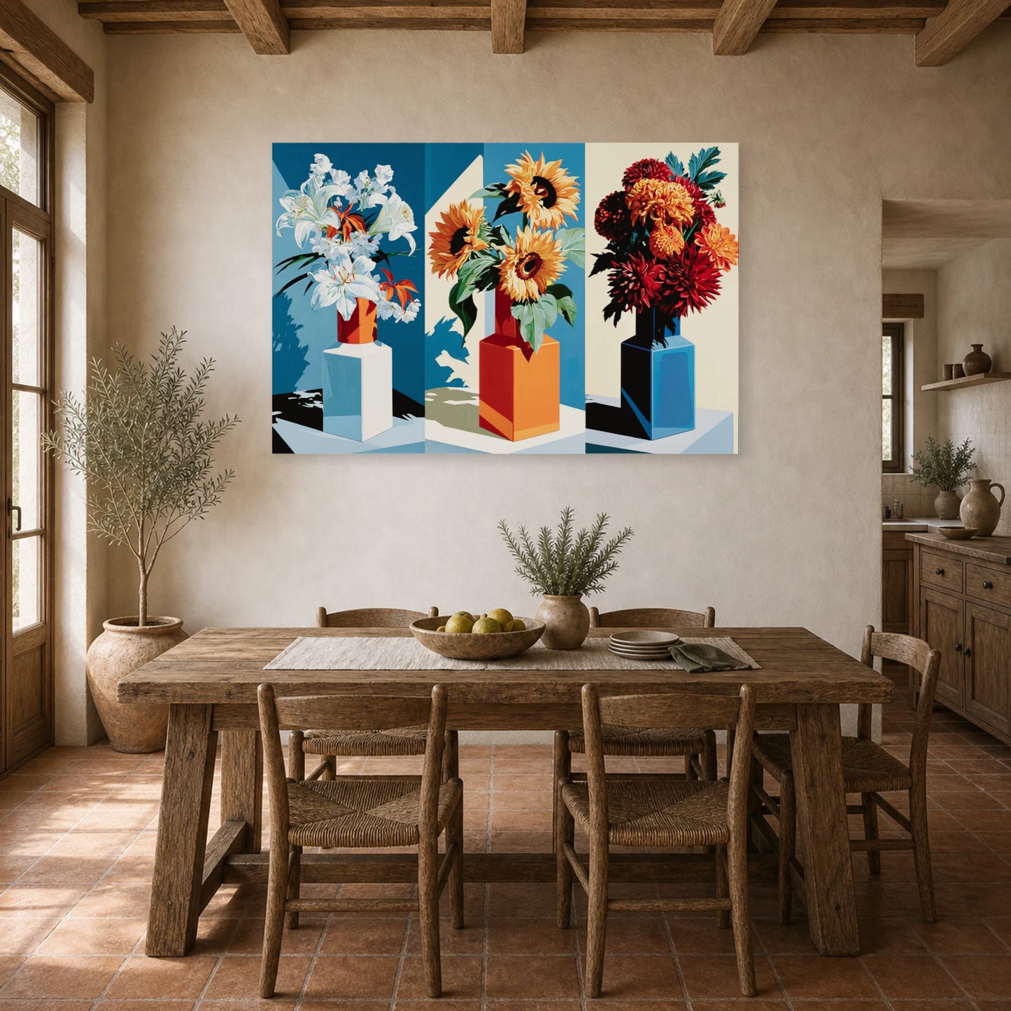 Tableau Nature Morte Triptyque Bouquet Saisons dans une cuisine - Art Virtuoso