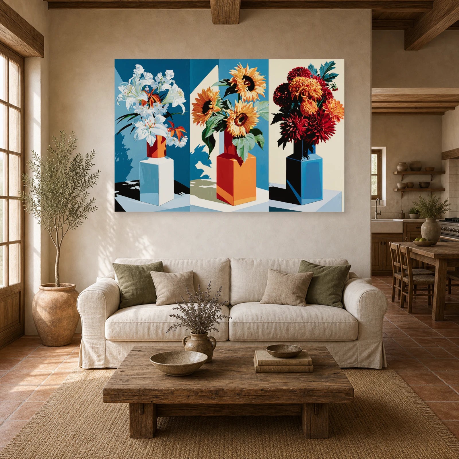 Tableau Nature Morte Triptyque Bouquet Saisons dans un salon - Art Virtuoso