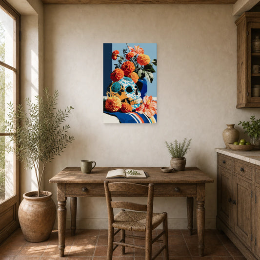 Tableau Nature Morte Vanitas Mexicain Dia Muertos dans un bureau - Art Virtuoso