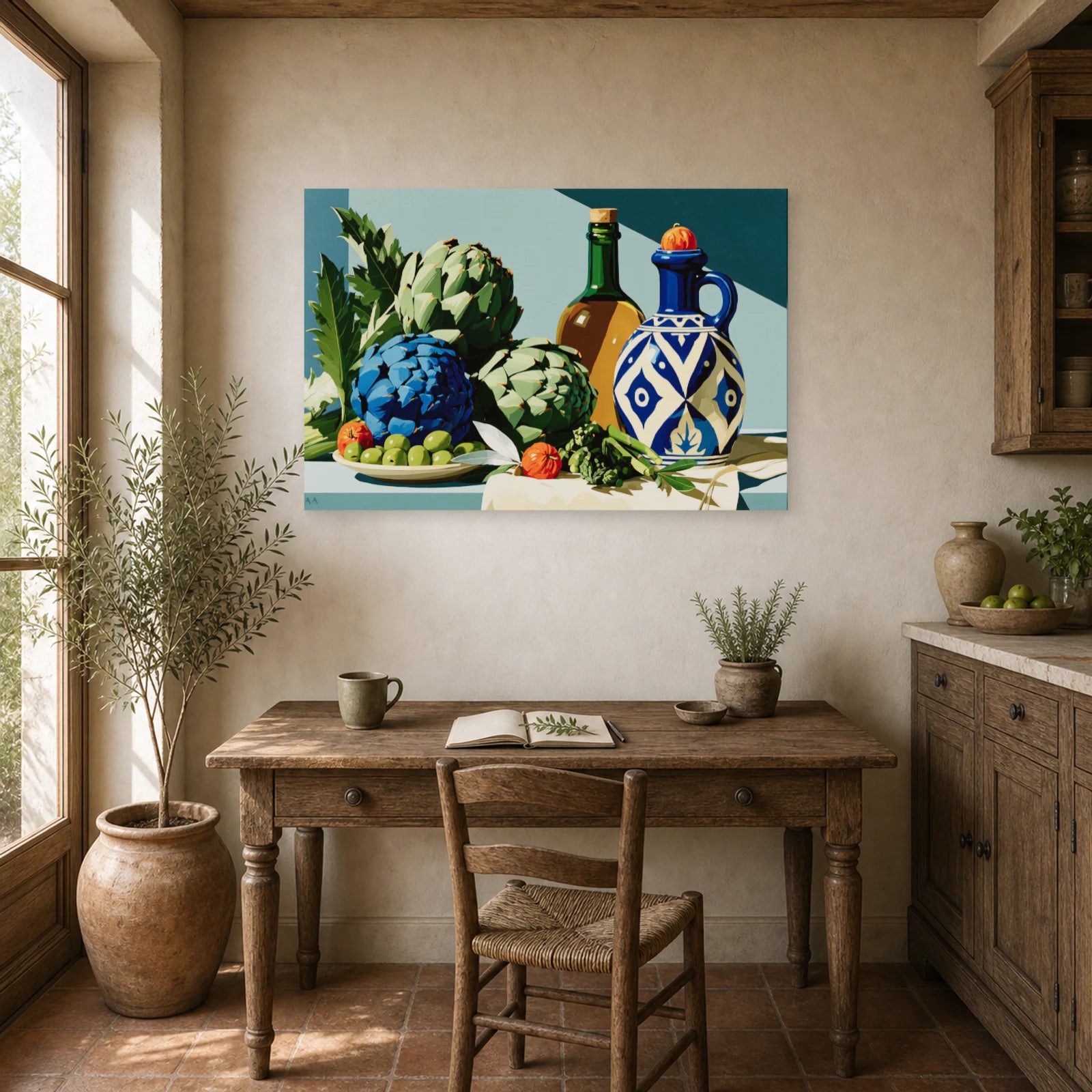 Tableau Nature Morte Vert Sauge Artichauts Olives Asperges dans un bureau - Art Virtuoso