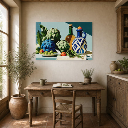 Tableau Nature Morte Vert Sauge Artichauts Olives Asperges dans un bureau - Art Virtuoso