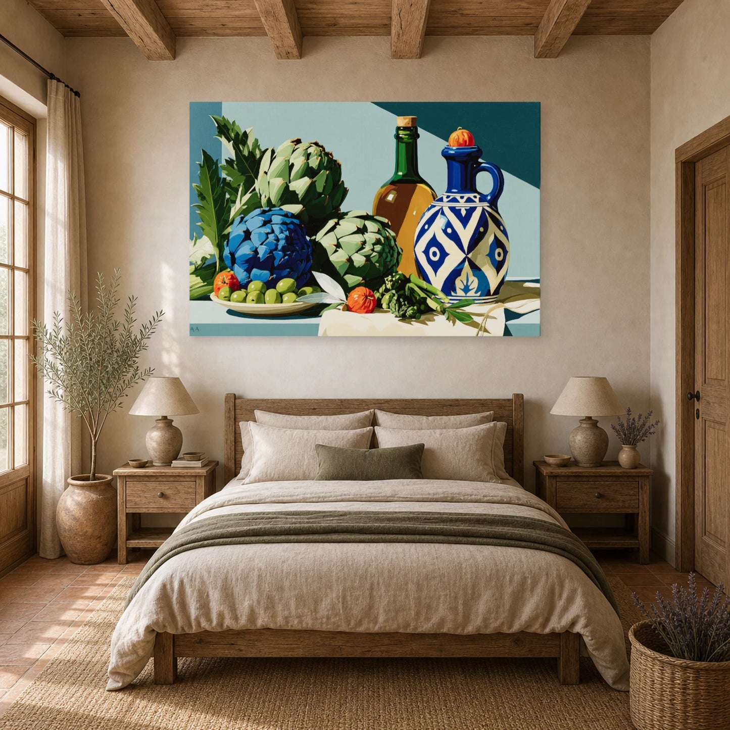 Tableau Nature Morte Vert Sauge Artichauts Olives Asperges dans une chambre - Art Virtuoso