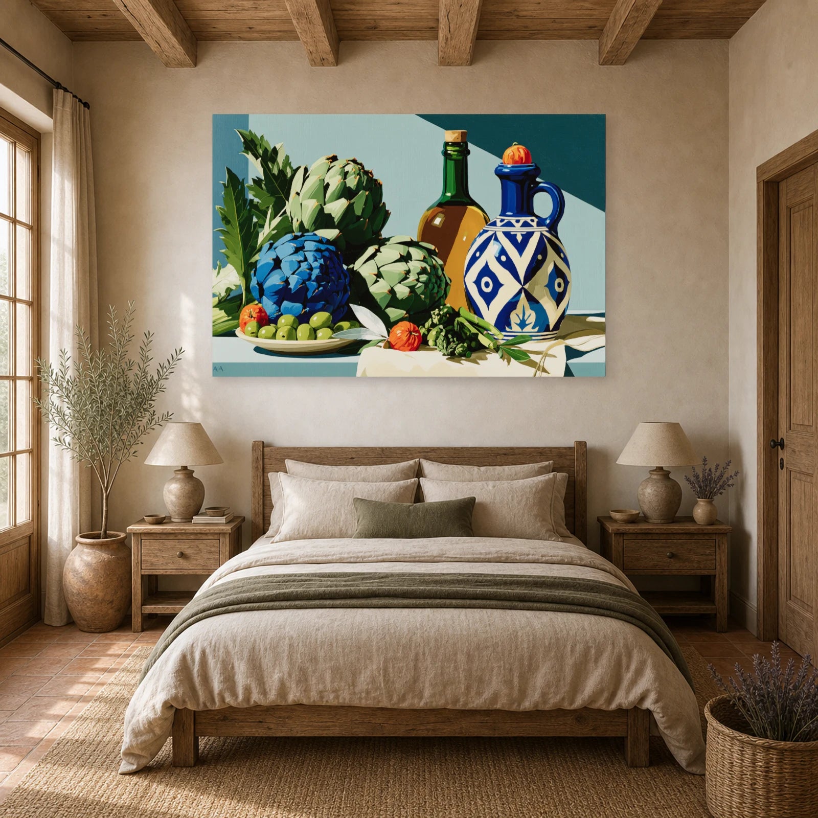 Tableau Nature Morte Vert Sauge Artichauts Olives Asperges dans une chambre - Art Virtuoso