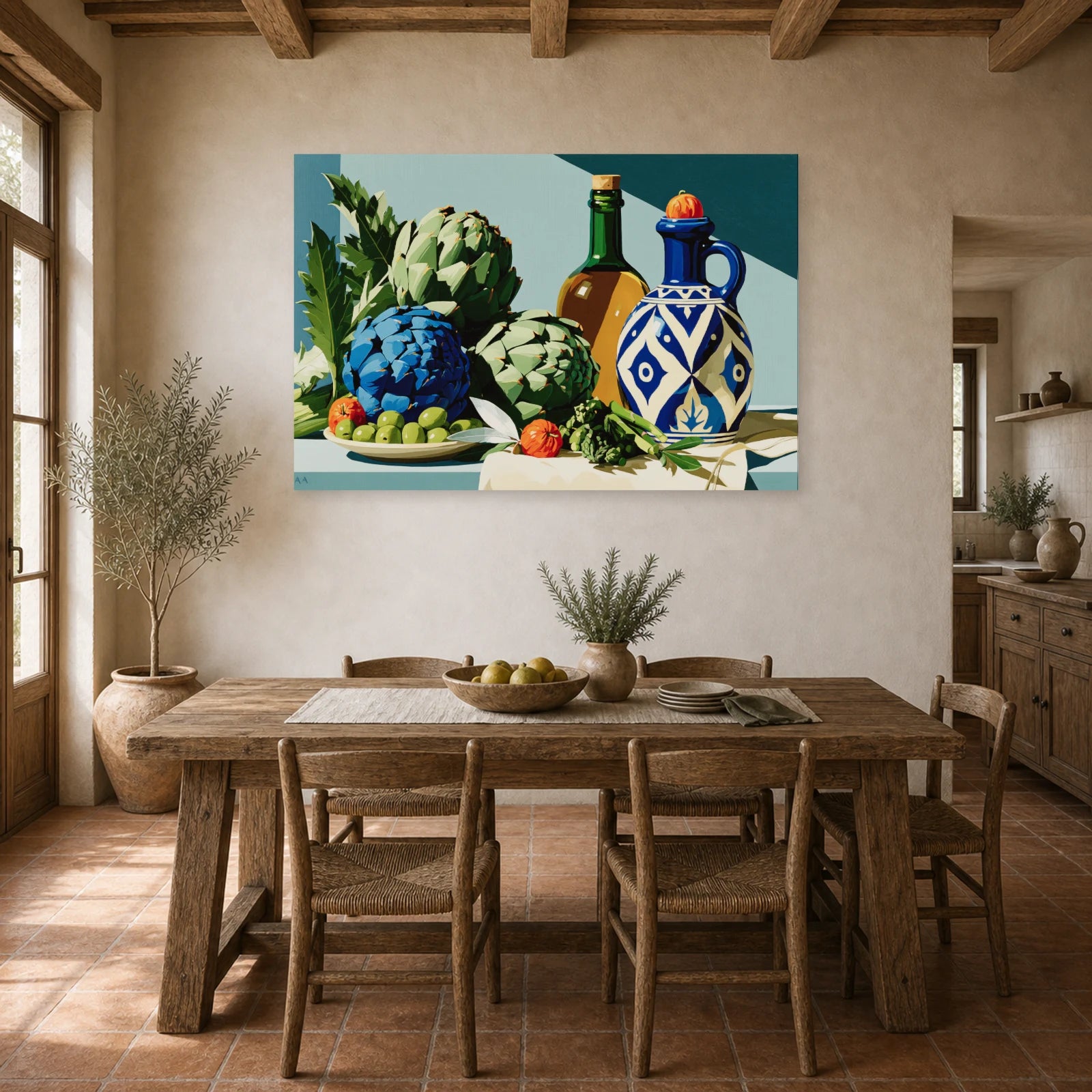 Tableau Nature Morte Vert Sauge Artichauts Olives Asperges dans une cuisine - Art Virtuoso