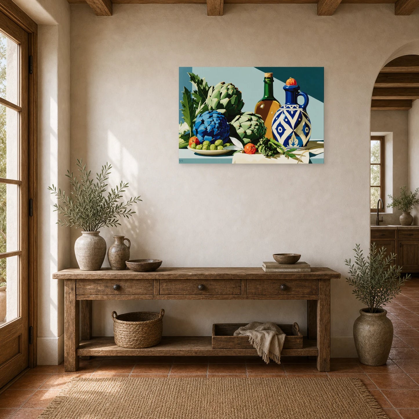 Tableau Nature Morte Vert Sauge Artichauts Olives Asperges dans une entree ou un couloir - Art Virtuoso