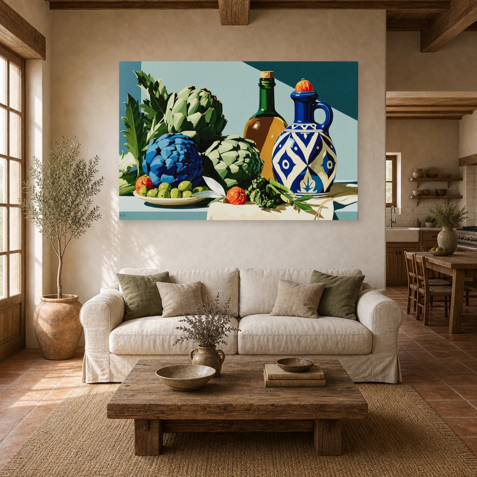 Tableau Nature Morte Vert Sauge Artichauts Olives Asperges dans un salon - Art Virtuoso