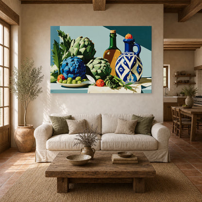 Tableau Nature Morte Vert Sauge Artichauts Olives Asperges dans un salon - Art Virtuoso