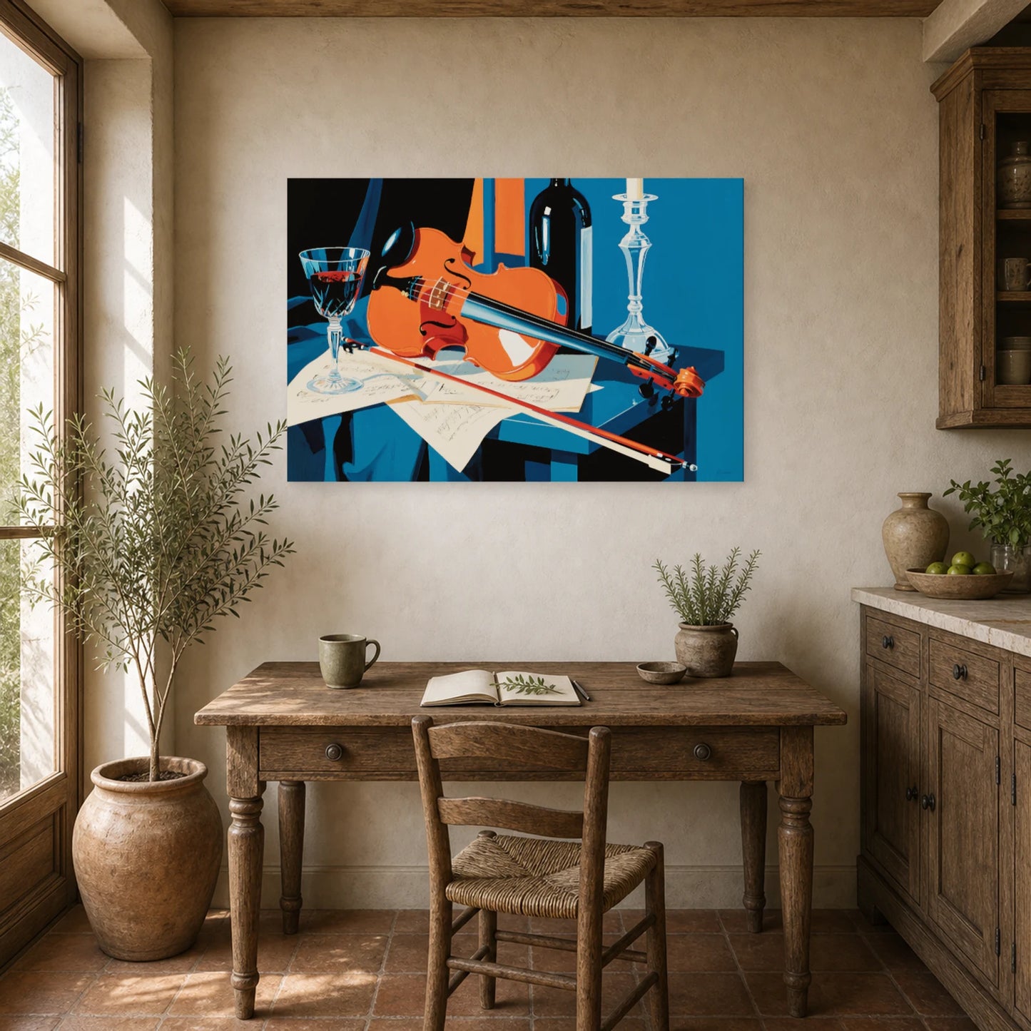 Tableau Nature Morte Violon Partition Vin dans un bureau - Art Virtuoso