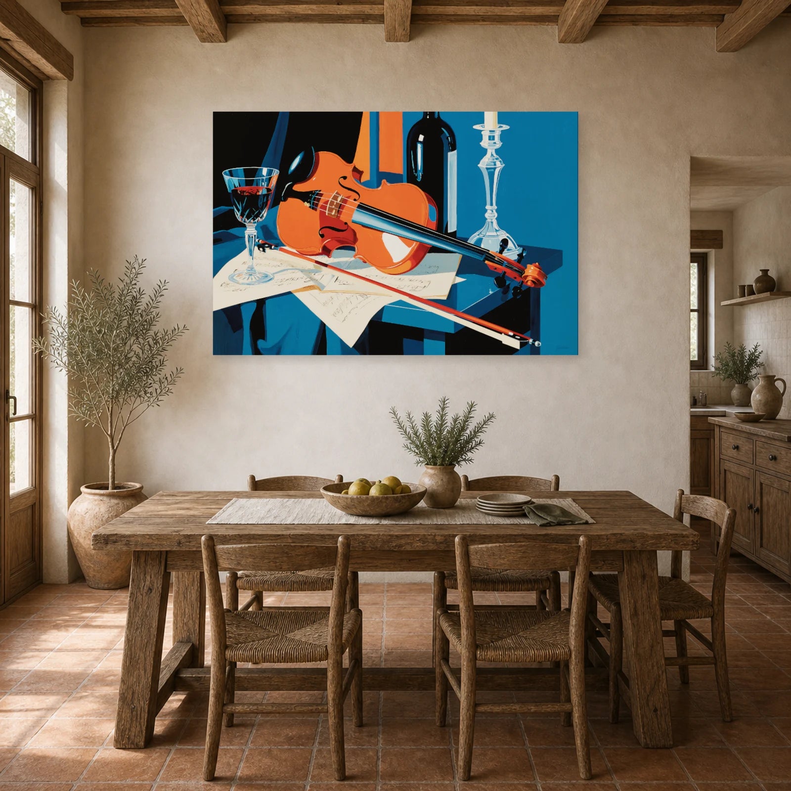 Tableau Nature Morte Violon Partition Vin dans une cuisine - Art Virtuoso
