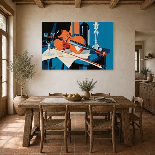 Tableau Nature Morte Violon Partition Vin dans une cuisine - Art Virtuoso