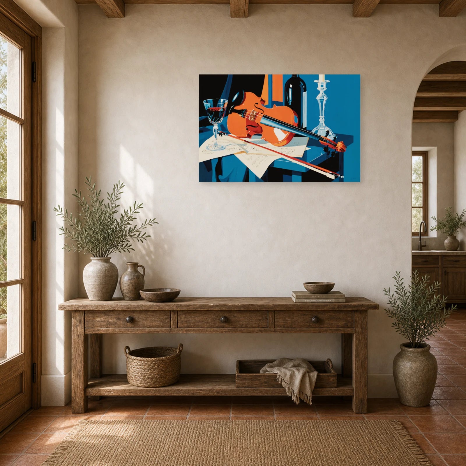 Tableau Nature Morte Violon Partition Vin dans une entree ou un couloir - Art Virtuoso