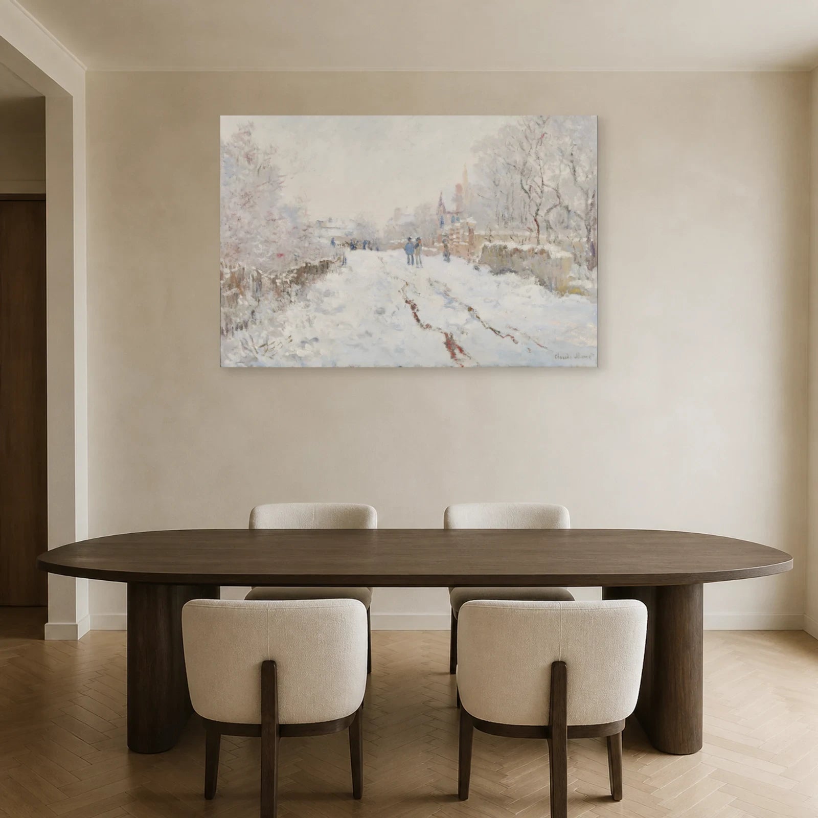 Tableau Rue sous la neige, Argenteuil – Claude Monet dans une salle à manger - Art Virtuoso