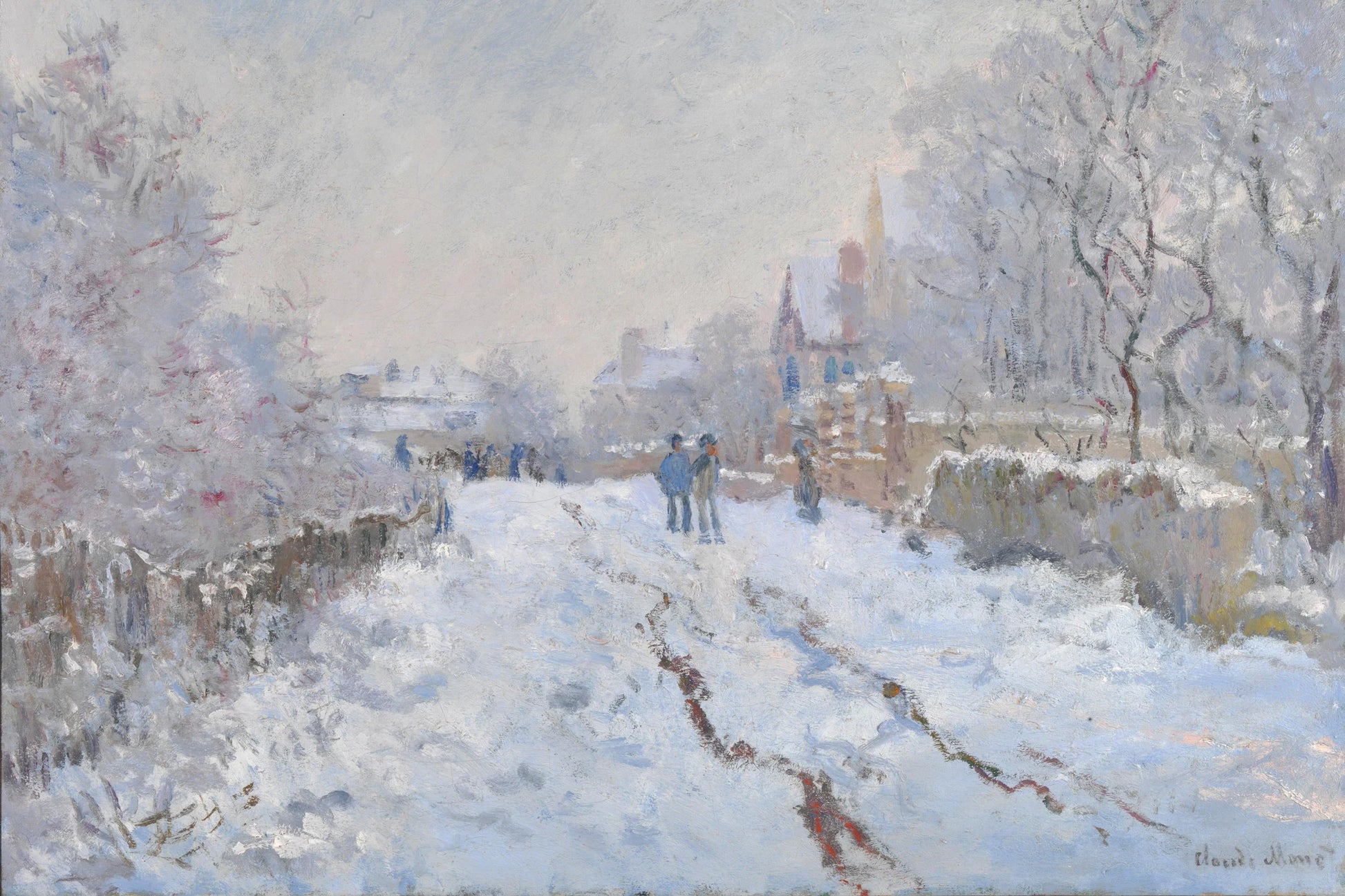 Tableau La Neige à Argenteuil de Claude Monet avec route et promeneurs – format S
