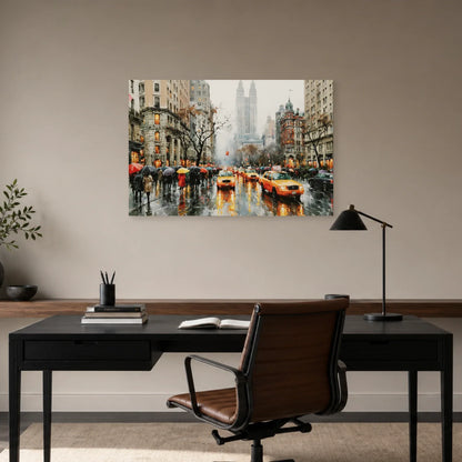 Tableau New York Aquarelle - Pluie et Taxis Jaunes - tableau New York dans un bureau - Art Virtuoso