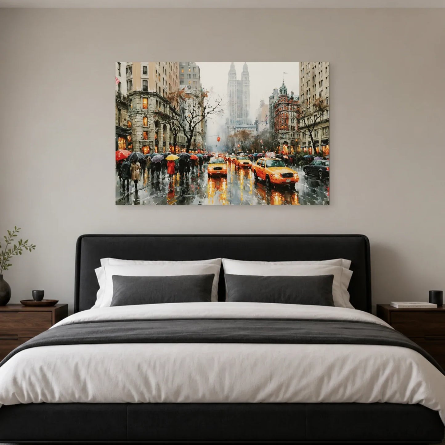 Tableau New York Aquarelle - Pluie et Taxis Jaunes - tableau New York dans une chambre - Art Virtuoso