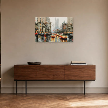Tableau New York Aquarelle - Pluie et Taxis Jaunes - tableau New York dans une entrée - Art Virtuoso