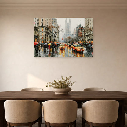 Tableau New York Aquarelle - Pluie et Taxis Jaunes - tableau New York dans une salle à manger - Art Virtuoso