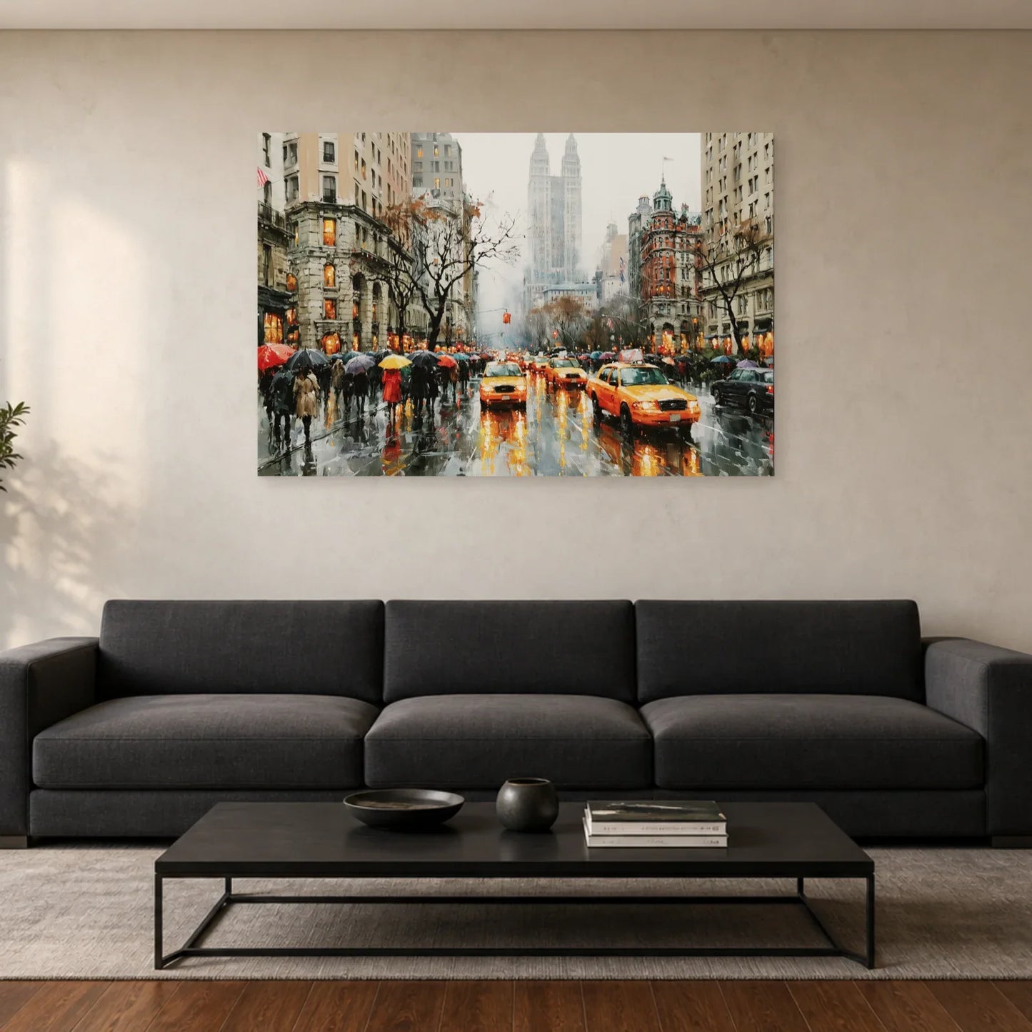 Tableau New York Aquarelle - Pluie et Taxis Jaunes - tableau New York dans un salon - Art Virtuoso