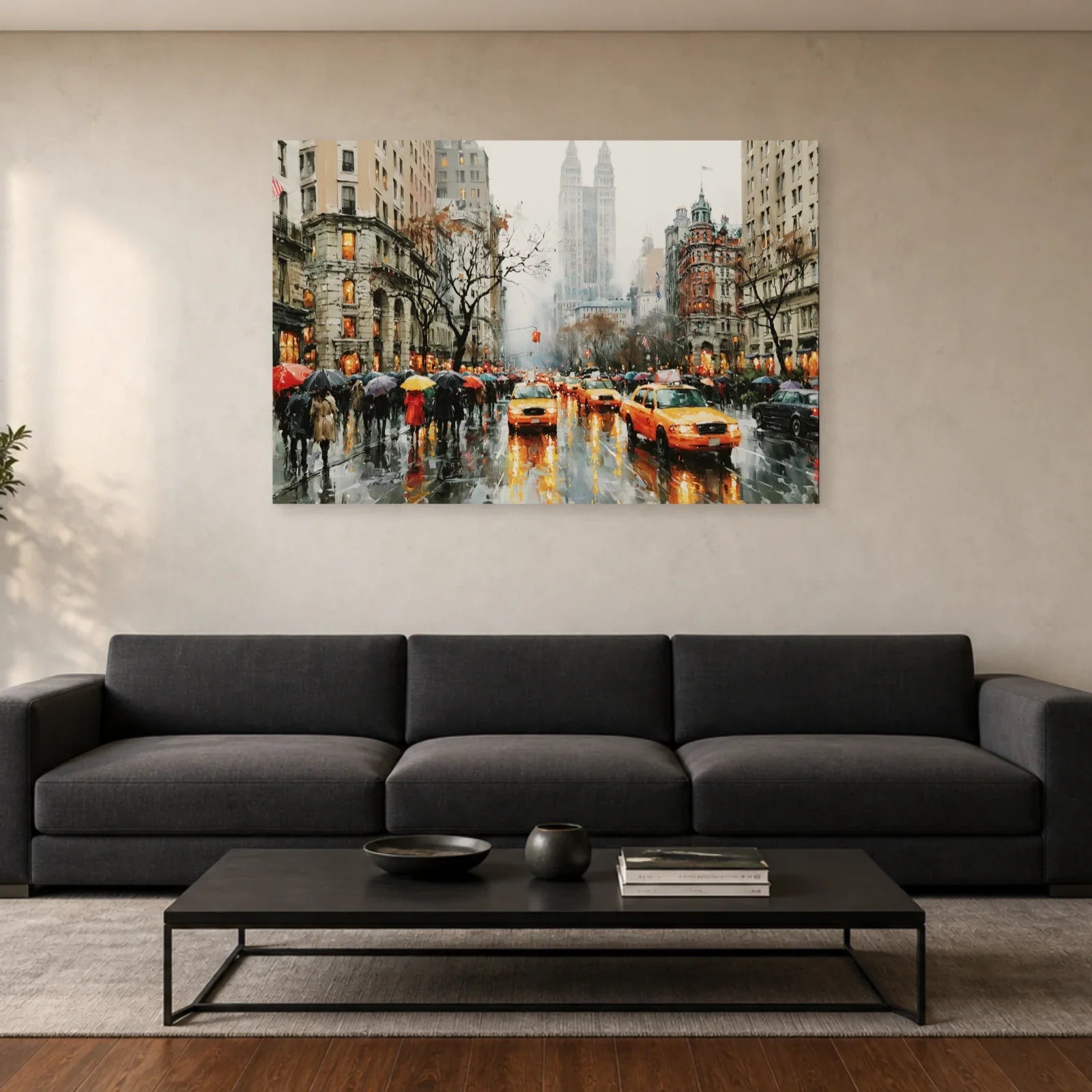 Tableau New York Aquarelle - Pluie et Taxis Jaunes - tableau New York dans un salon - Art Virtuoso