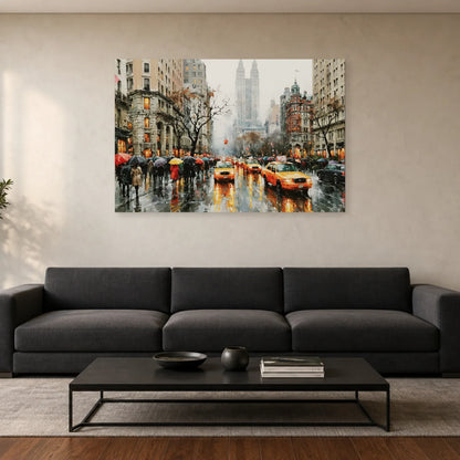 Tableau New York Aquarelle - Pluie et Taxis Jaunes - tableau New York dans un salon - Art Virtuoso