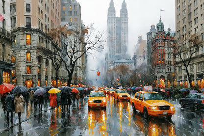Tableau New York Aquarelle - Pluie et Taxis Jaunes - format S - Art Virtuoso