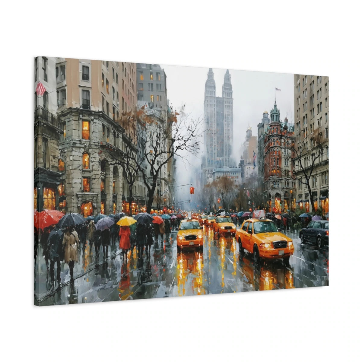 Tableau New York Aquarelle - Pluie et Taxis Jaunes - toile avec bords imprimés - Art Virtuoso