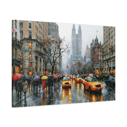 Tableau New York Aquarelle - Pluie et Taxis Jaunes - toile avec bords imprimés - Art Virtuoso