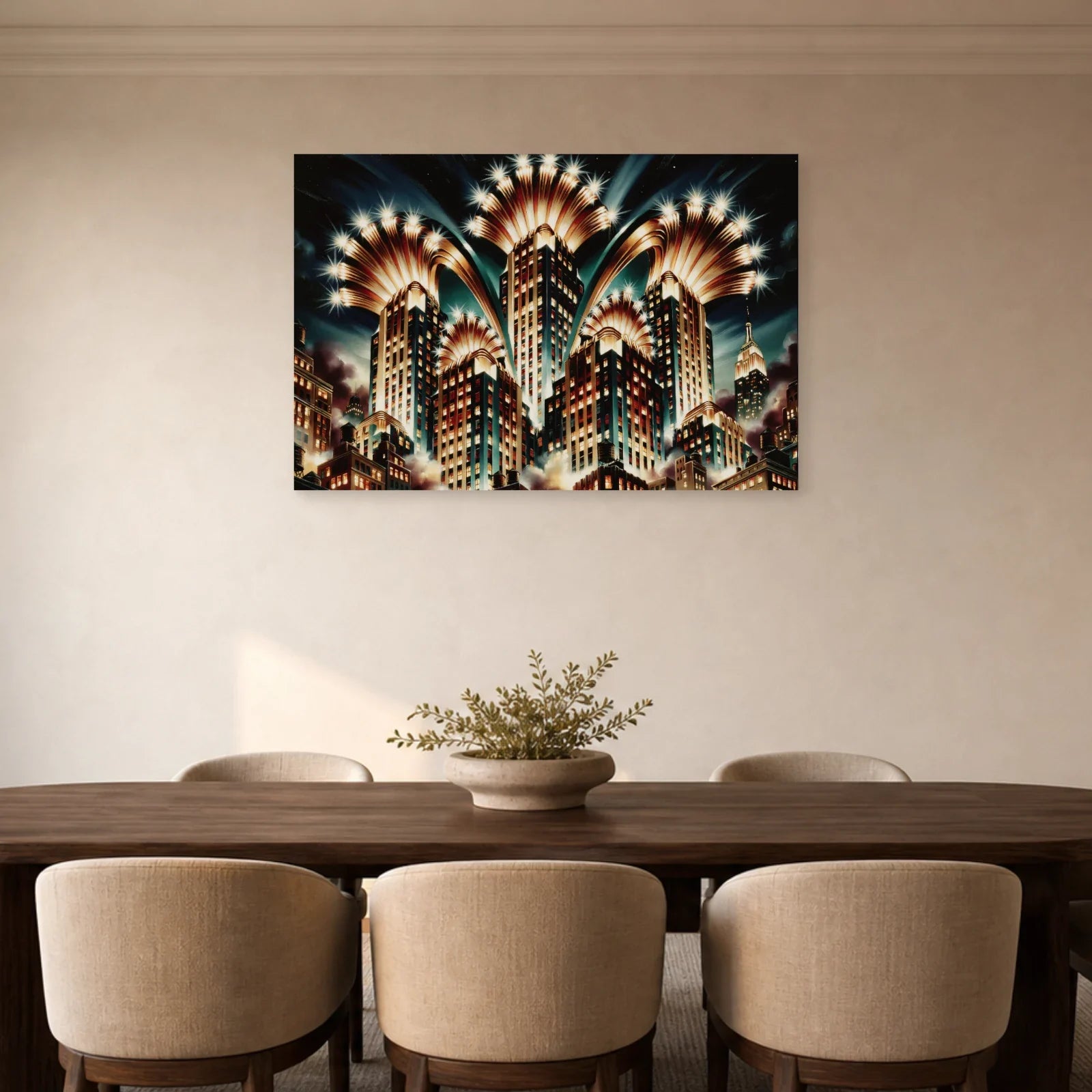 Tableau New York Art Déco - Nocturne Doré - tableau New York dans une salle à manger - Art Virtuoso