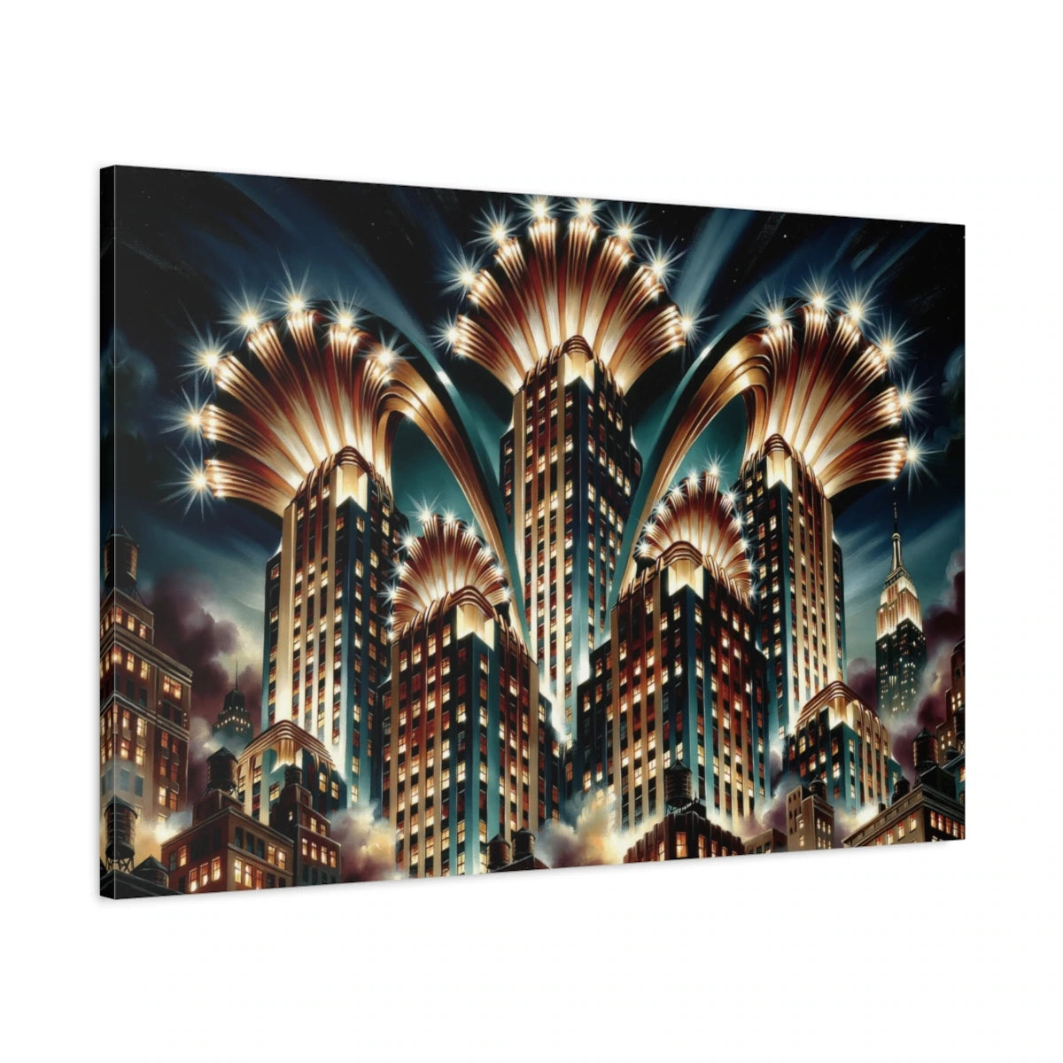 Tableau New York Art Déco - Nocturne Doré - toile avec bords imprimés - Art Virtuoso
